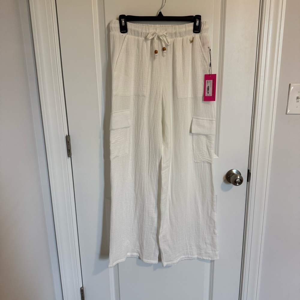 Betsy Johnson White 100% Cotton Gauze Wide Leg Cargo Pants Size Small Beach